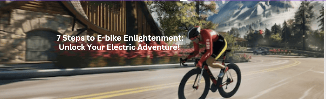 Electric bike rider in red cycling gear on mountain road, side view with scenic background