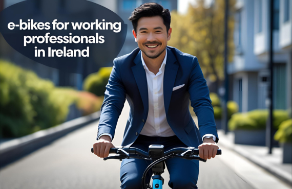 Professional man in suit riding an electric bike outdoors, promoting e-bikes for work in Ireland
