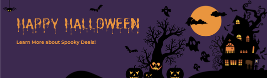 Pogo Cycles Halloween banner with haunted house, pumpkins, bats, spooky tree and full moon