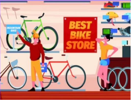 Illustration of mountain and road bikes on display in a bike shop with accessories and customers