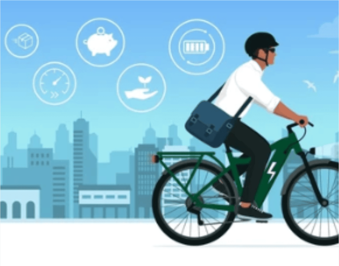 Person riding green electric bike with city skyline background, side view illustration