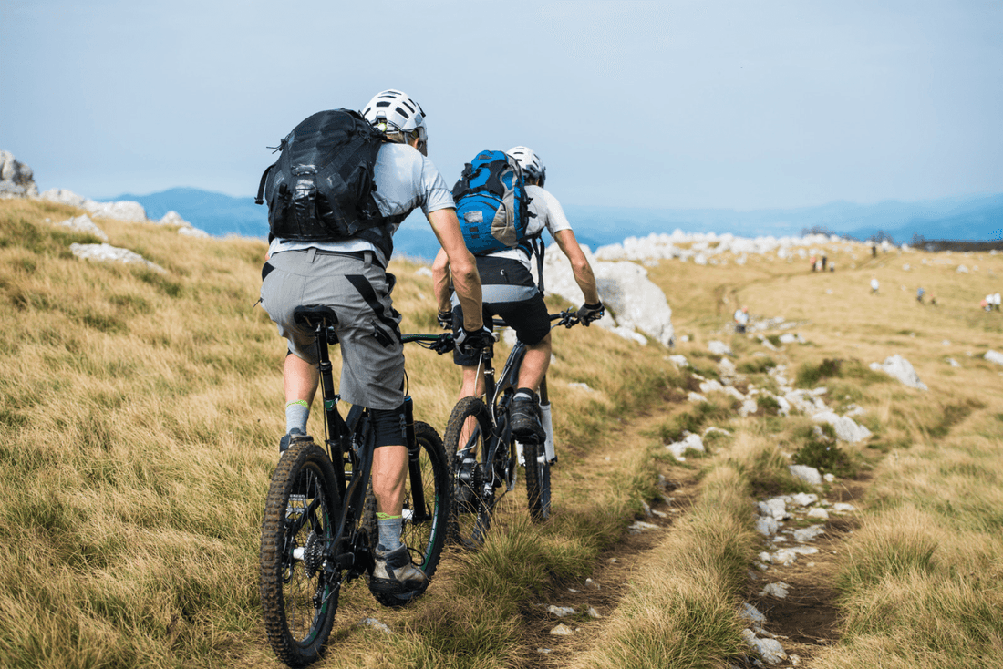 Two cyclists riding electric mountain bikes on a grassy trail, outdoor adventure with Pogo Cycles.