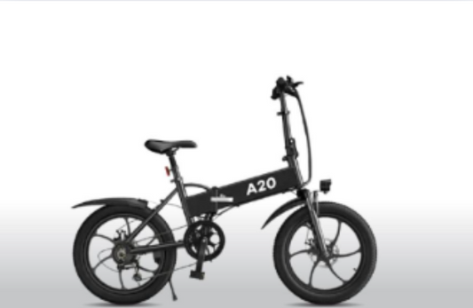 A20 folding electric bike in black, side view on a white background