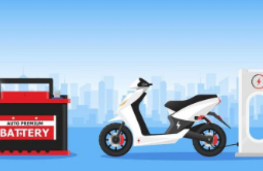 White electric scooter charging at station with large battery, city skyline background, Pogo Cycles