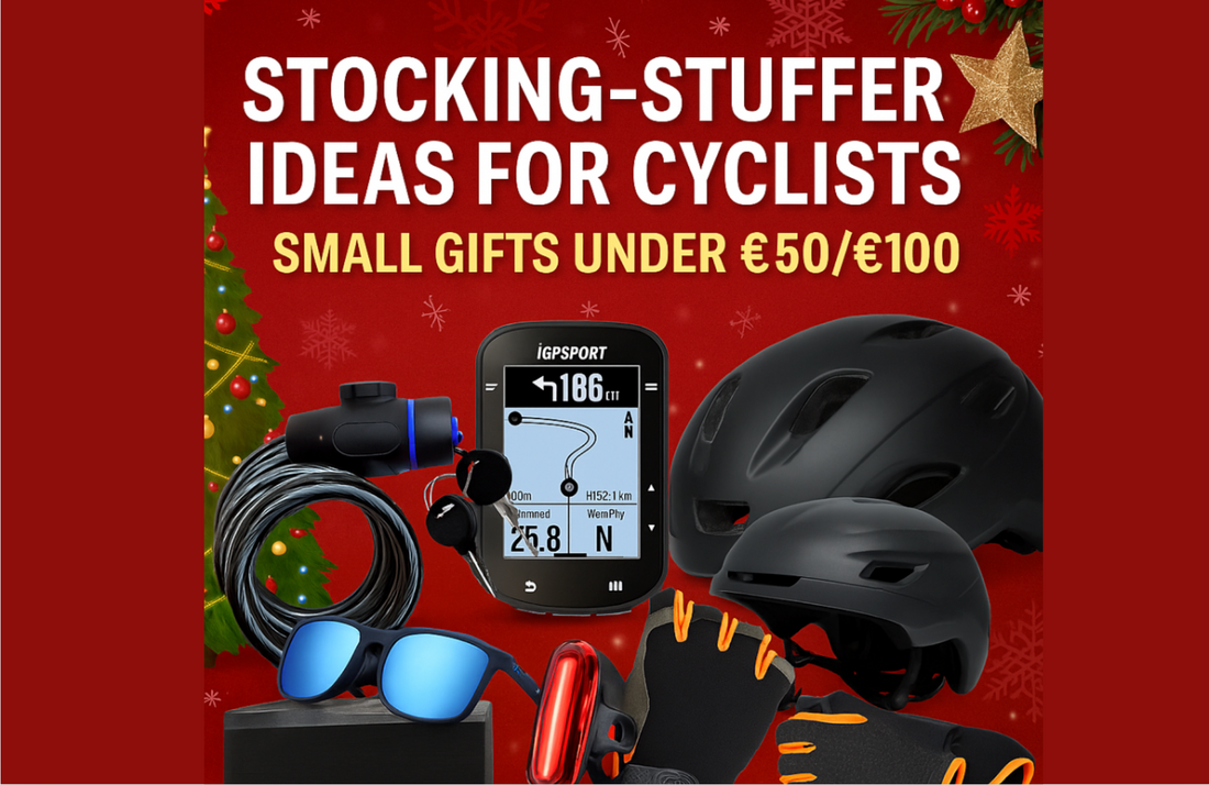 Christmas cycling gift ideas under 100 euro at Pogo Cycles, featuring helmets, bike lock, bike computer, gloves, sunglasses, and rear light.