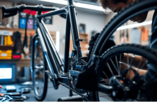 Technician repairing electric bike in workshop at Pogo Cycles e-bike store