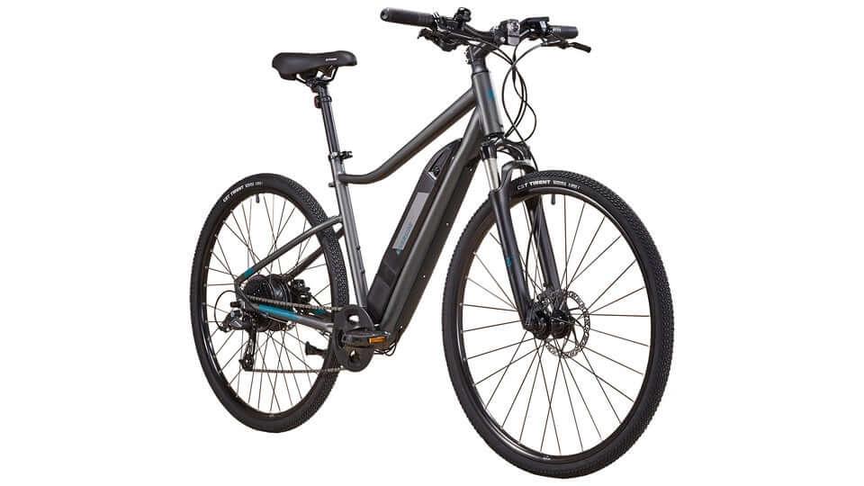 Sleek black electric bike with battery on frame, showcased for sale at Pogo Cycles e bike store