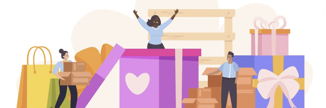 Illustration of people opening large gift boxes and holding shopping bags, representing rewards or loyalty program