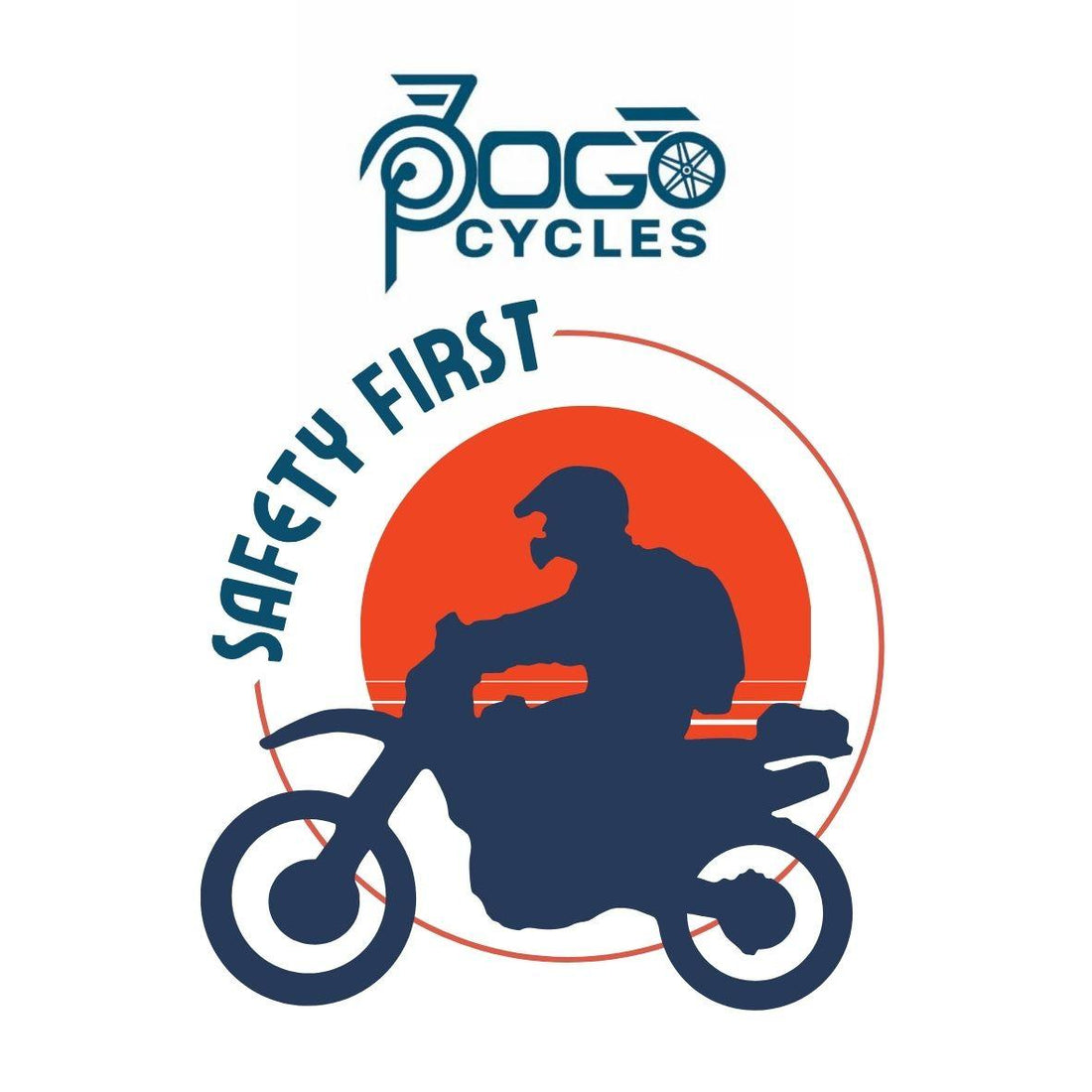 Pogo Cycles electric bike safety first graphic with helmeted rider silhouette and logo