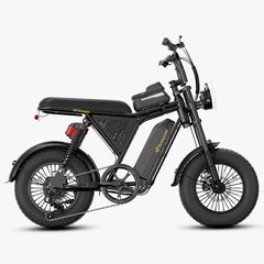 A black Bodywel  M16 Pro electric fat-tire motorcycle with gold branding, a rear suspension spring, and a black battery pack mounted on the frame, shown against a light gray background.
