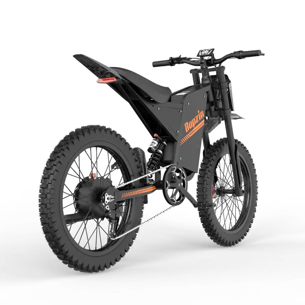 Back view of Bopzin Q8 Electric Bike with orange accents on a white background