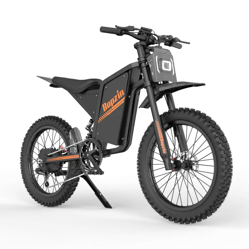 Right view of Bopzin Q8 Electric Bike in black with orange accents on a white background - Pogo Cycles, Ireland.