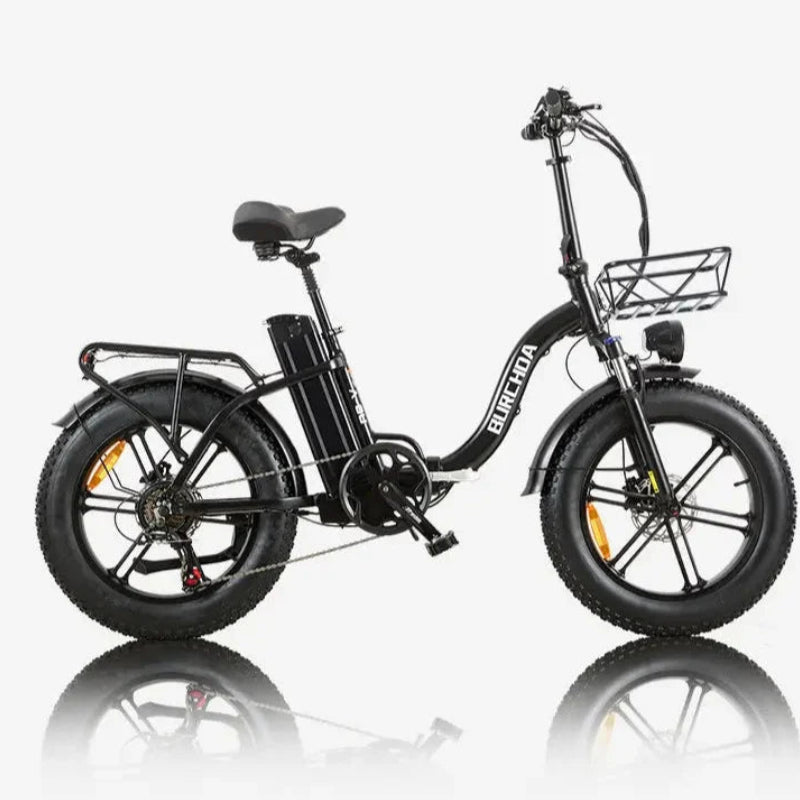 Burchda R8V Electric Bike in black with a basket on a white background