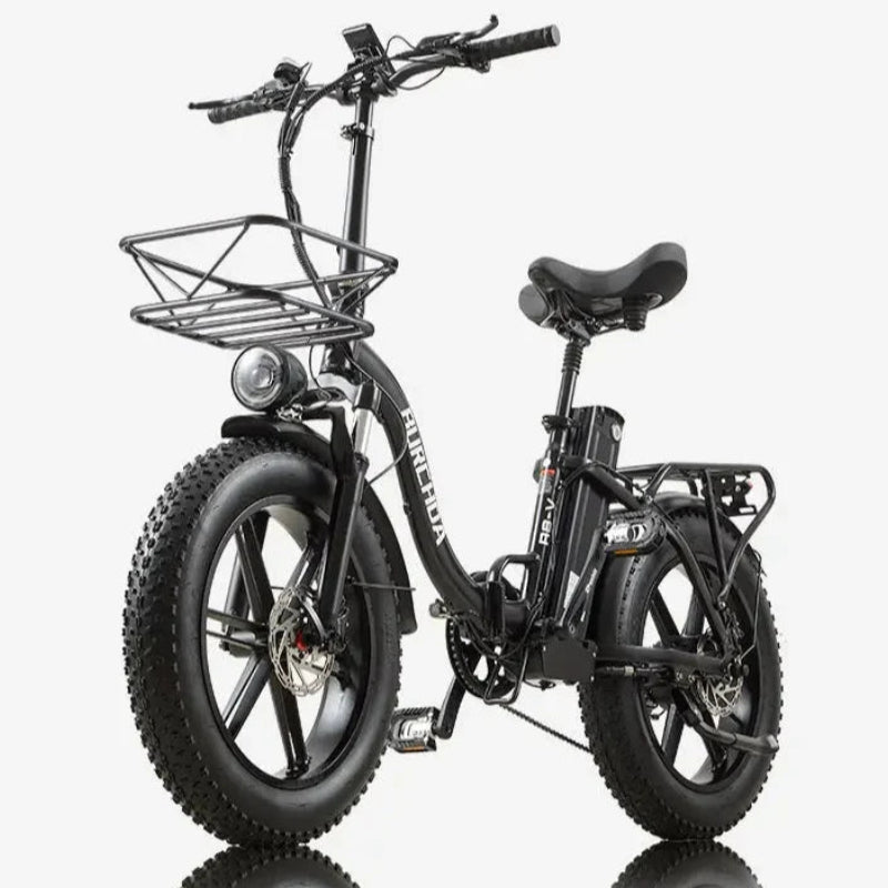 Burchda R8V Electric Bike in black with a basket on a white background - Pogo Cycles, Ireland