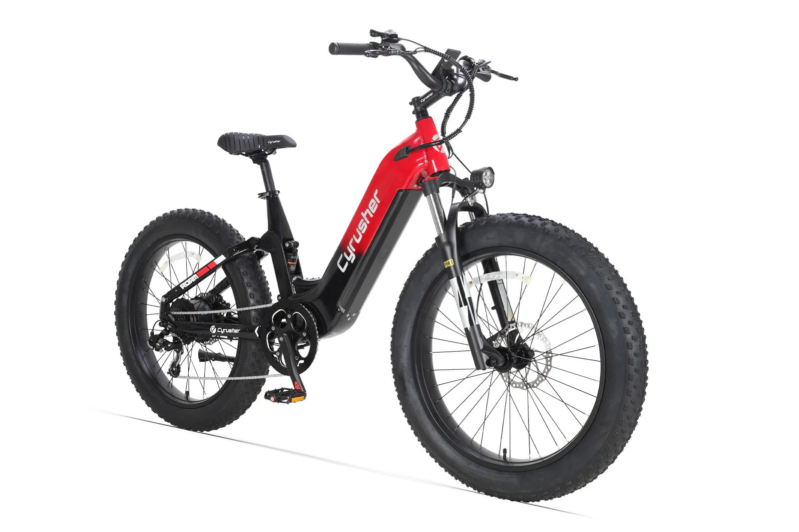 Red Cyrusher Roam Step-Thru Electric Bike with black frame on a white background - Pogo Cycles, Ireland
