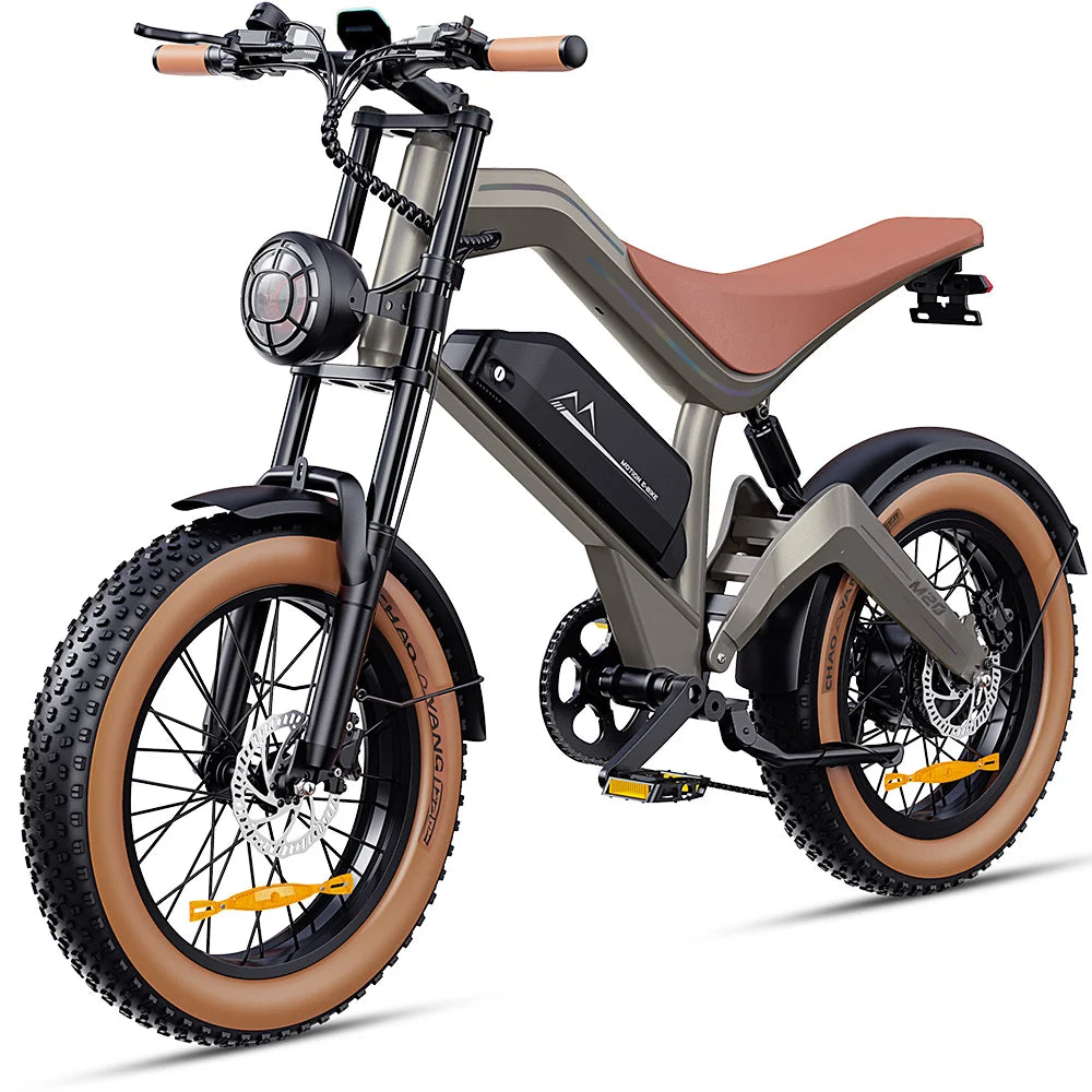 DYU M20 All-Terrain Long-Range Electric Motorcycle with brown tires and seat on a white background