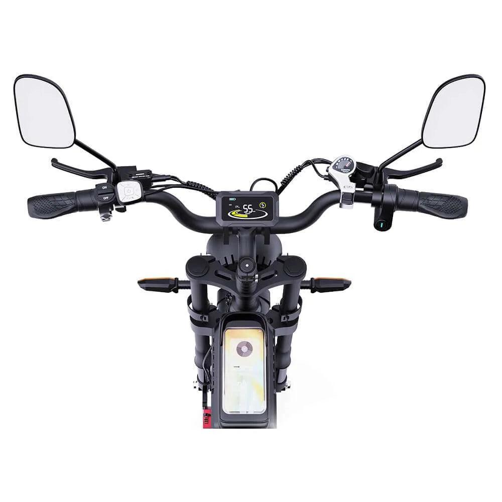 YVY C20 Max Electric Motorcycle handlebar with mirrors and digital display on a white background