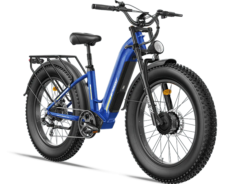 Freesky Ranger M-540 Dual-Motor Step-Thru Ebike in blue on a white background