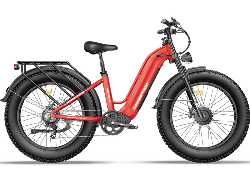 Freesky Ranger M-540 Dual-Motor Step-Thru Ebike in Red  on a white background