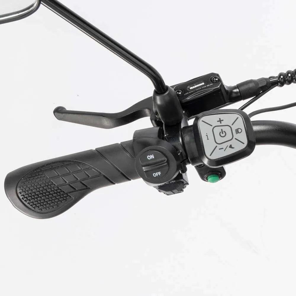 Close-up of YVY C20 Max Electric motorcycle handlebar controls with a white background