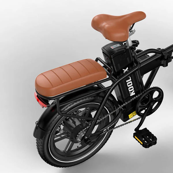 Back seat view of KOOLUX X10 Electric Bike in black with brown seat on a light gray background