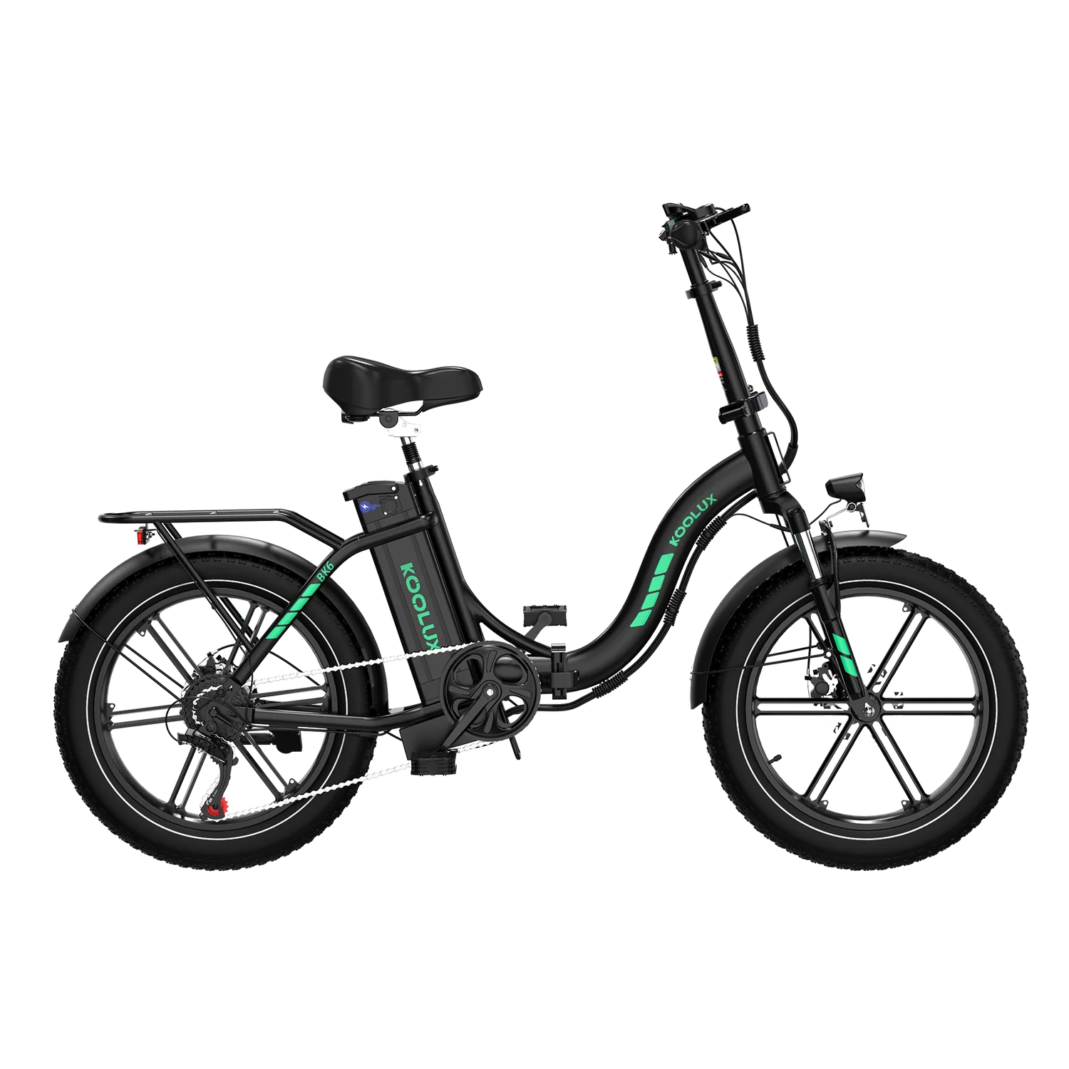 Black KOOLUX BK6S 4.0 Folding Electric Bike with green branding on a white background