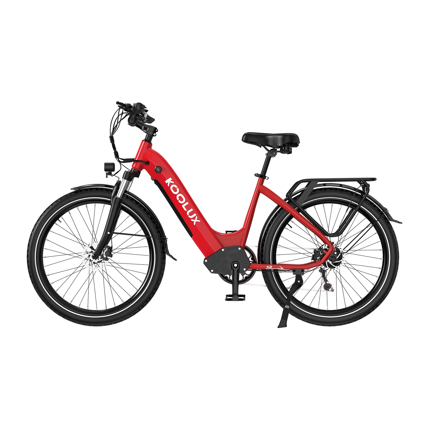KOOLUX X2 Step-Thru Electric Bike with 'Koolux' branding on a white background - Red