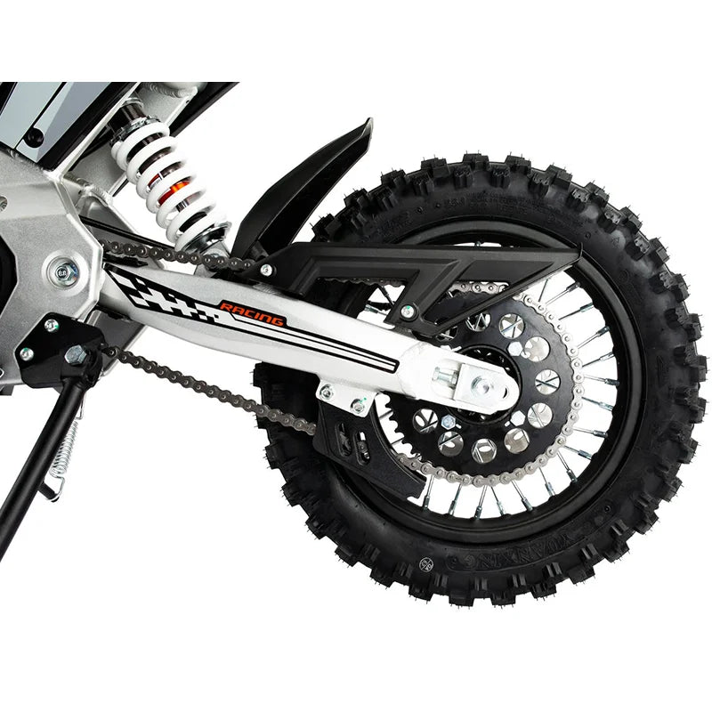 Close-up of a KuKirin X1 Electric Scooter Motorcycle  wheel and suspension on a white background