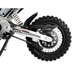 Close-up of a KuKirin X1 Electric Scooter Motorcycle  wheel and suspension on a white background