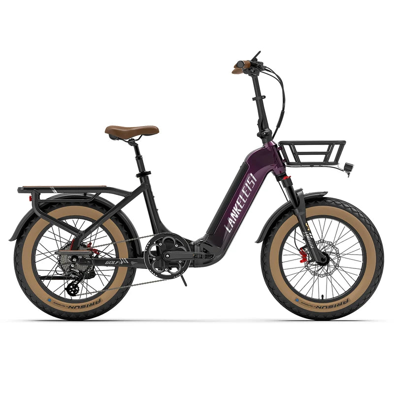 A side profile view of a LANKELEISI GOLF-X with a dark purple frame, black components, tan sidewall tires, and a brown saddle, set against a plain white background.