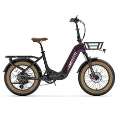 A side profile view of a LANKELEISI GOLF-X with a dark purple frame, black components, tan sidewall tires, and a brown saddle, set against a plain white background.