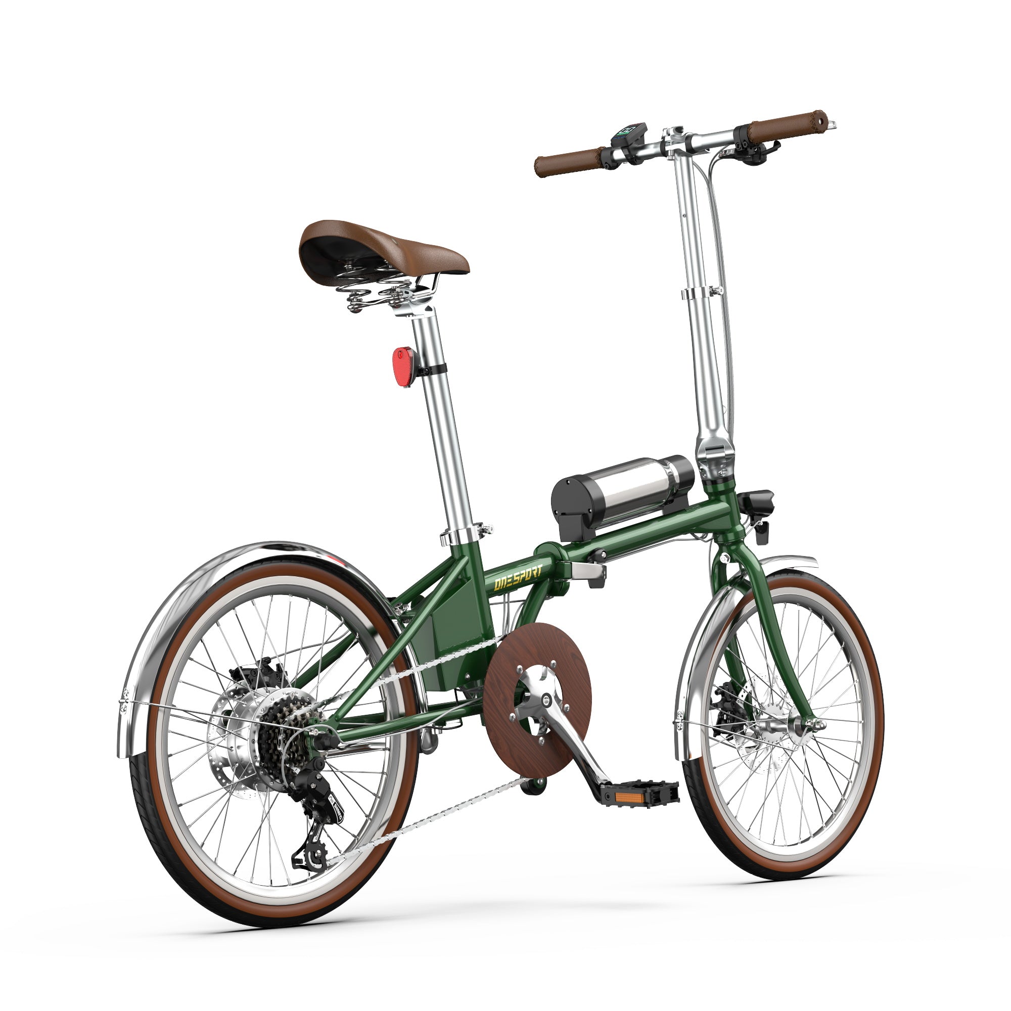 Green Onesport OT02 Pro Electric Bike with brown seat and tires on a white background