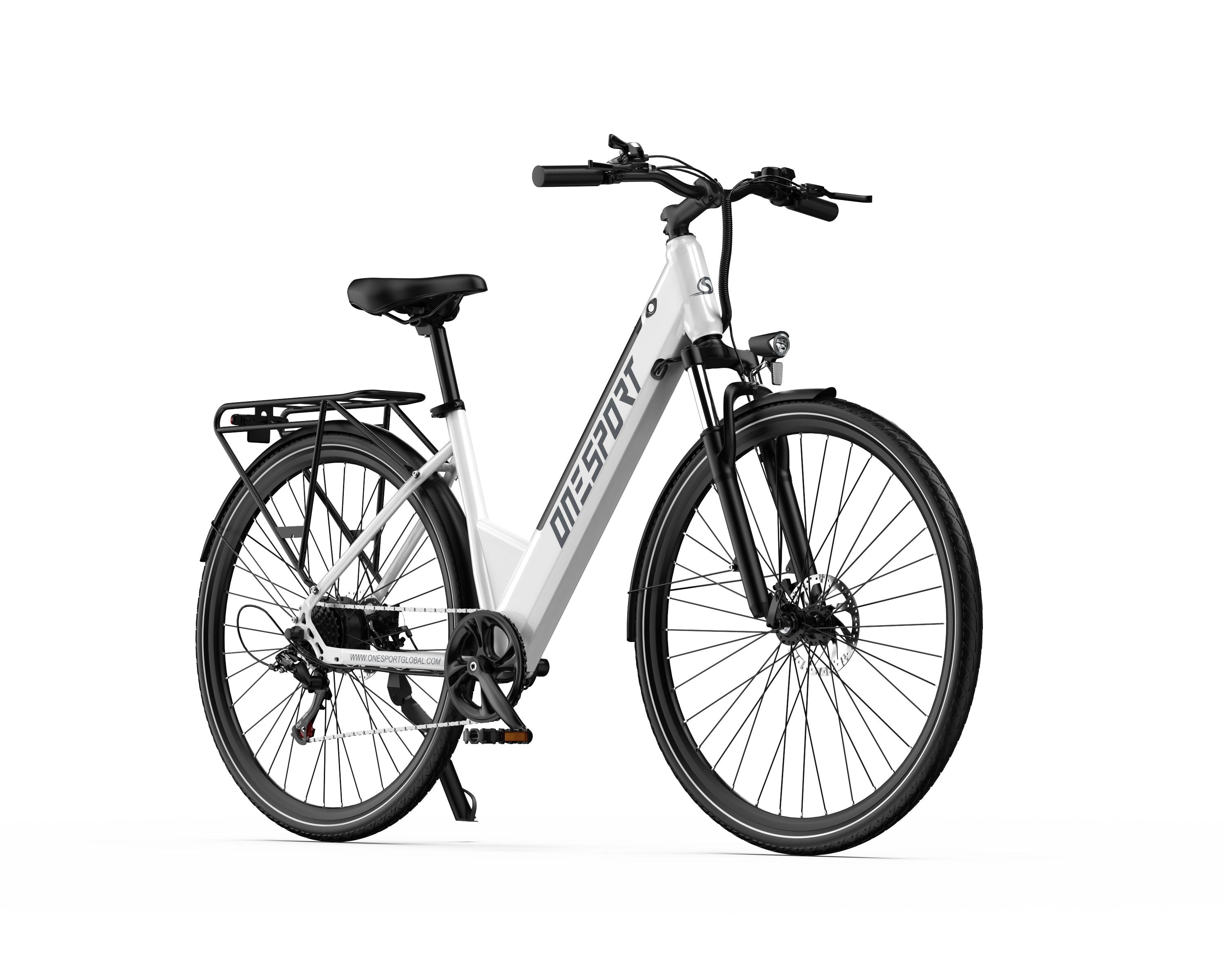 White ONESPORT OT12 Urban Electric Bike with black accents on a white background