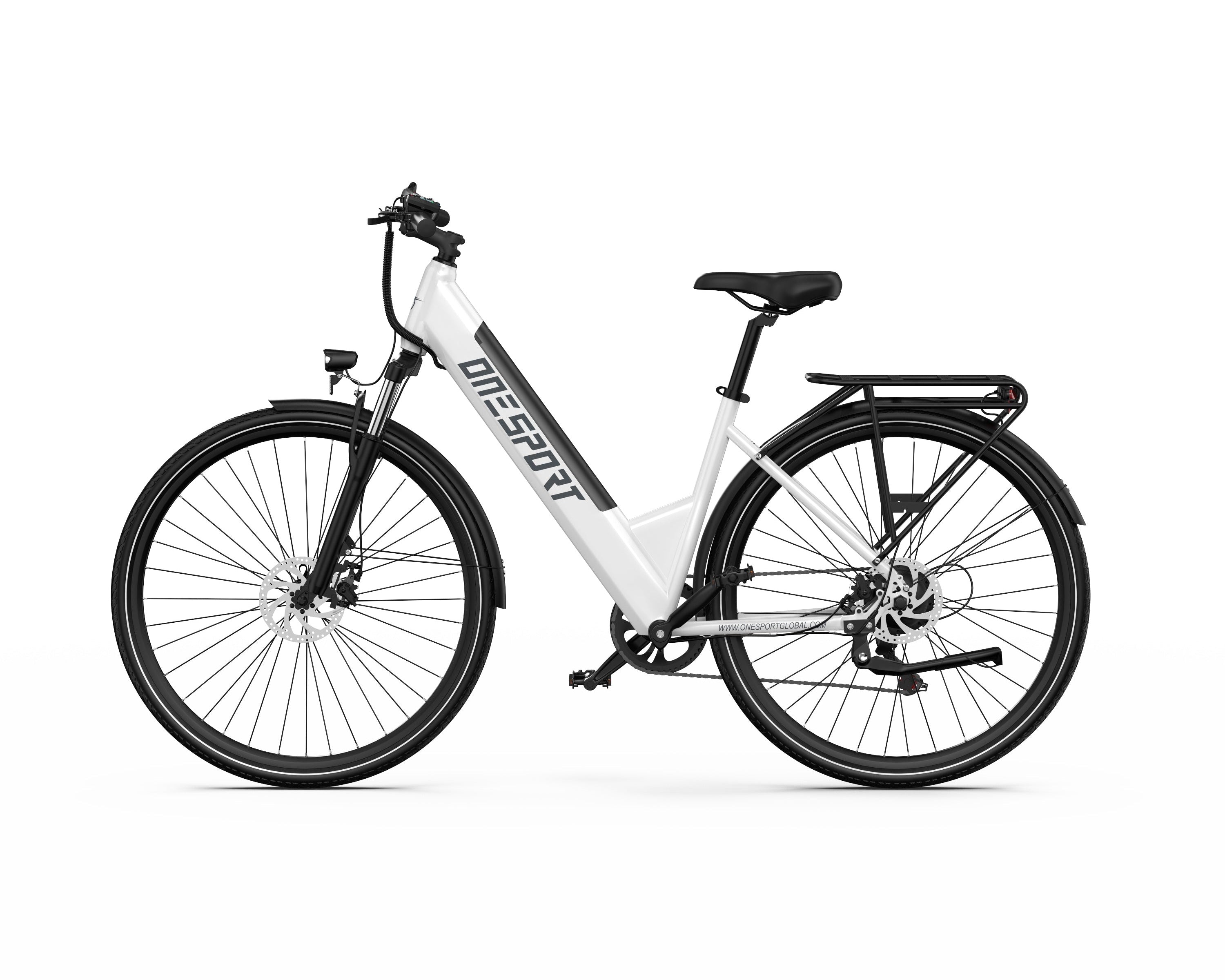 White ONESPORT OT12 Urban Electric  bicycle with black accents on a white background - Pogo Cycles