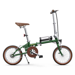 Green OneSport OT02 Compact Folding Electric bicycle with brown seat on a white background