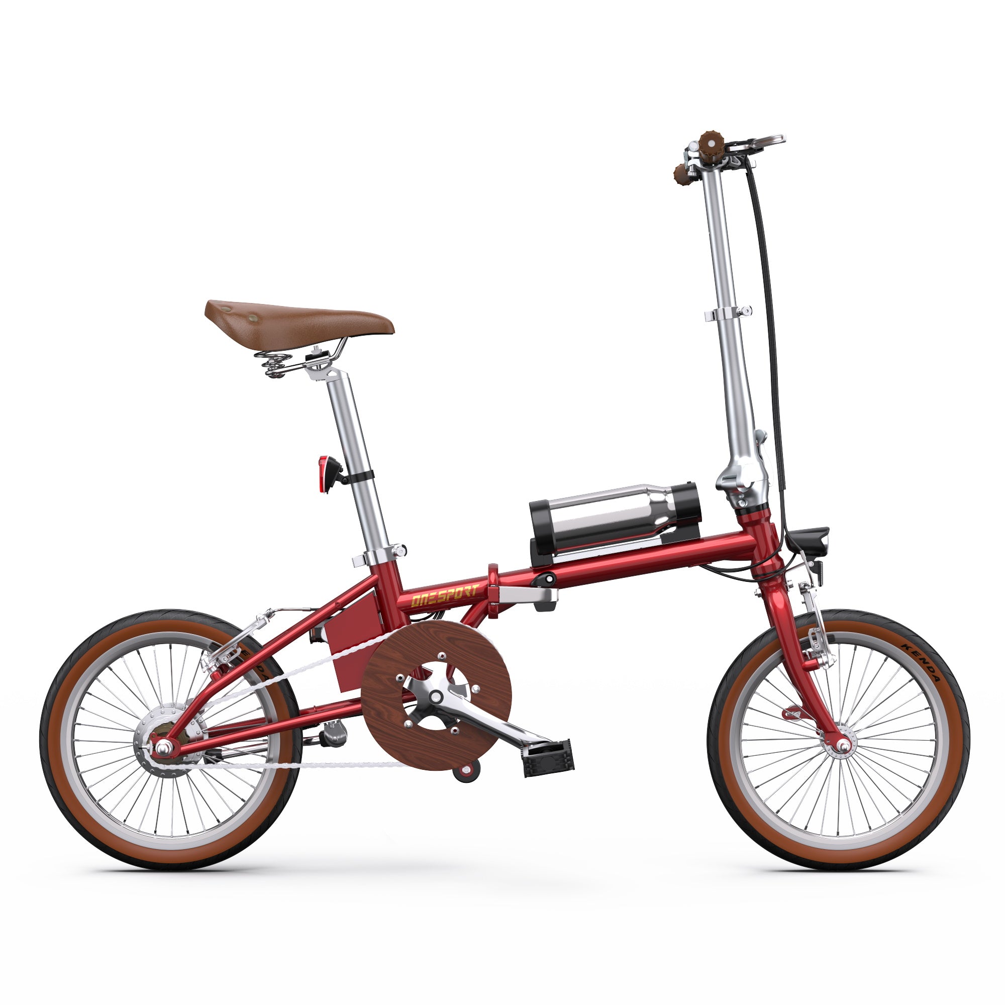 Red OneSport OT02 Compact Folding Electric  bicycle with a brown seat on a white background