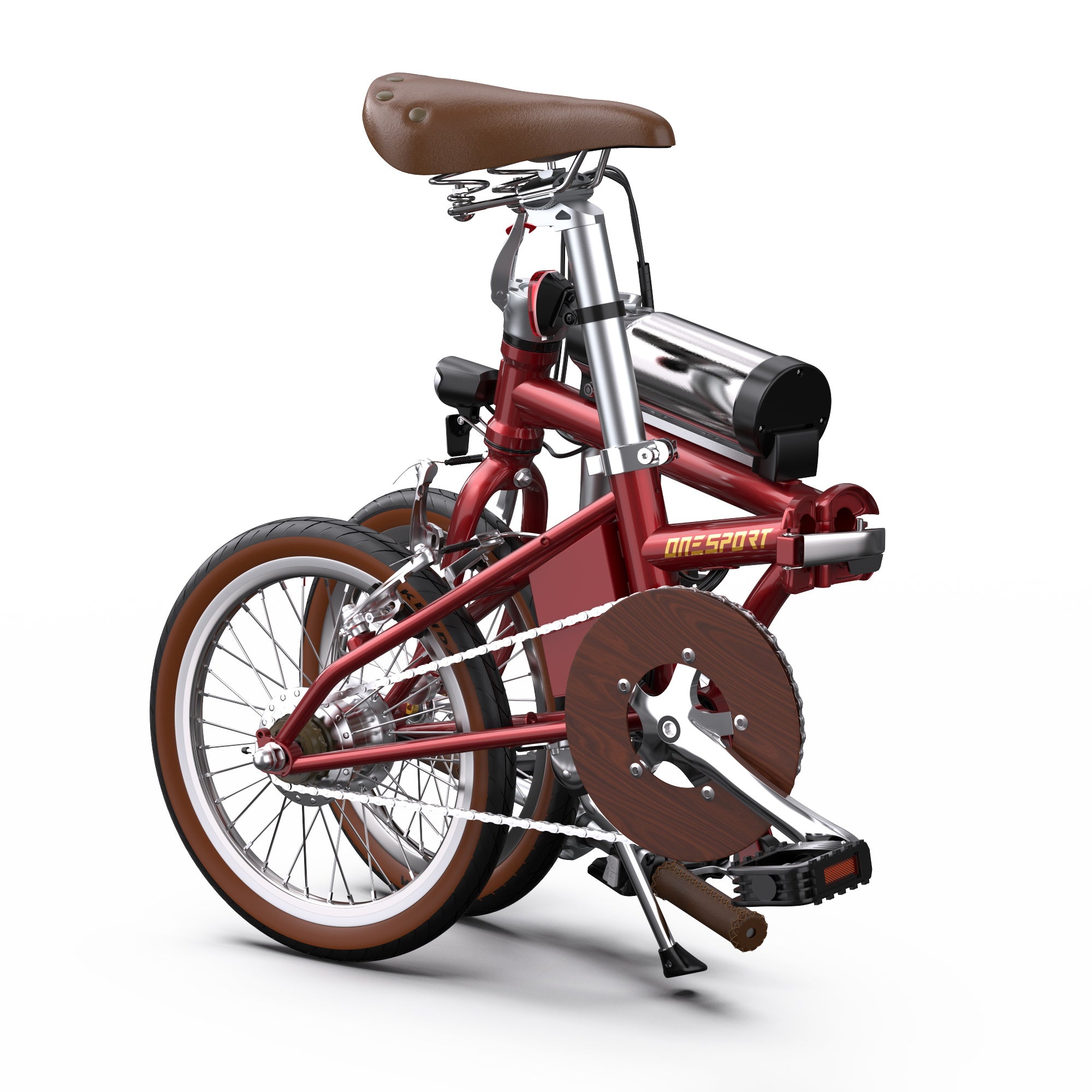 Folded OneSport OT02 Compact Electric Bike - Red  with brown seat and tires on a white background
