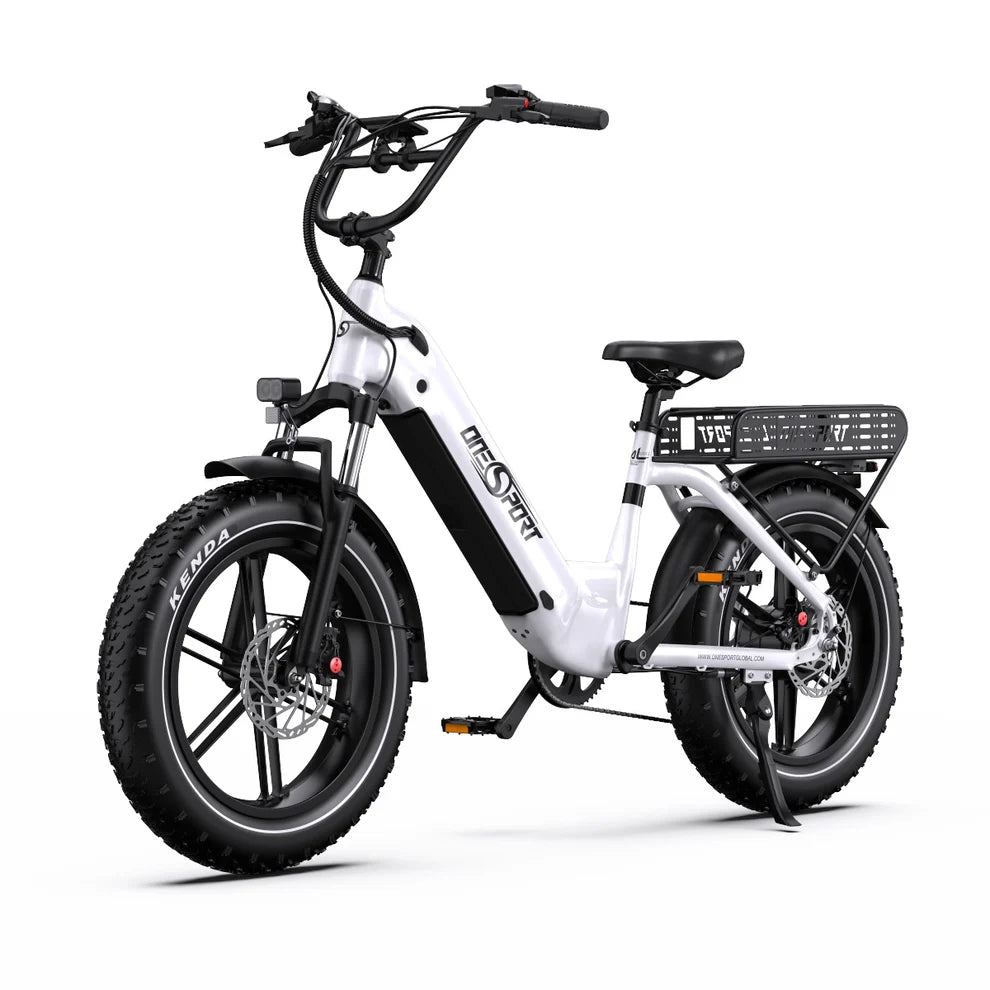White Onesport OT08 electric bike with black accents on a white background