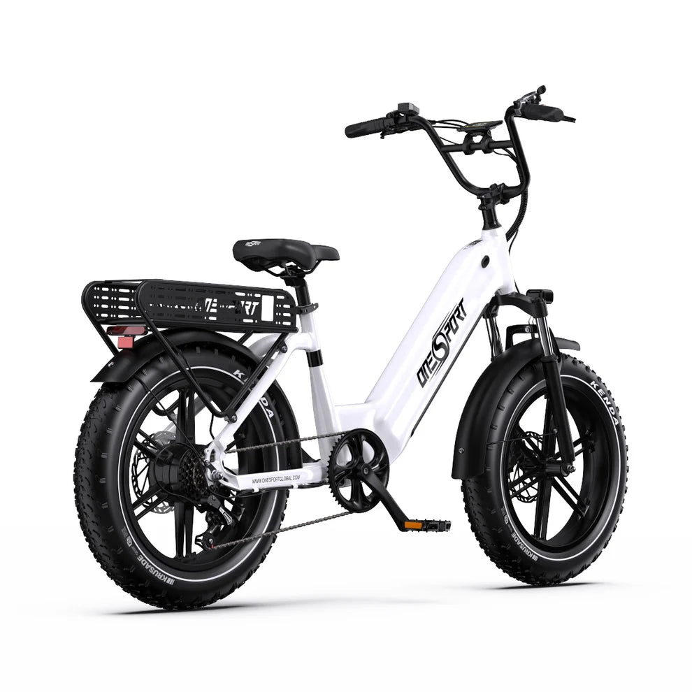 White onesport OT08 electric bike with black tires on a white background