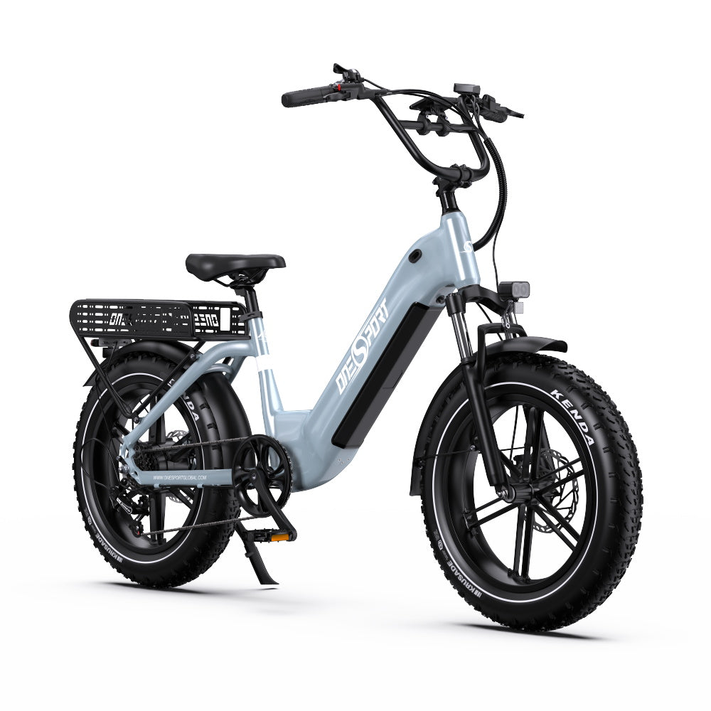 Light blue Onesport OT08  electric bike with black details on a white background