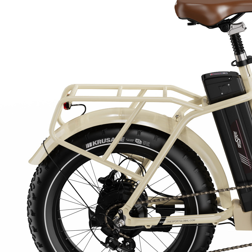 Onesport OT16 MAX Folding Electric Bike - Beige with a brown seat on a white background