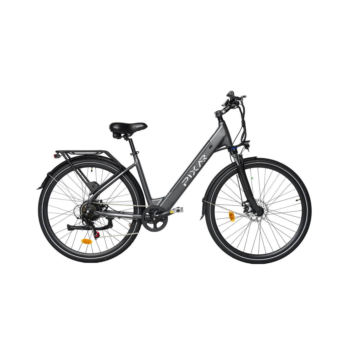 Pixar City 1 Electric Bike in Grey with 'Pixar' branding on a white background