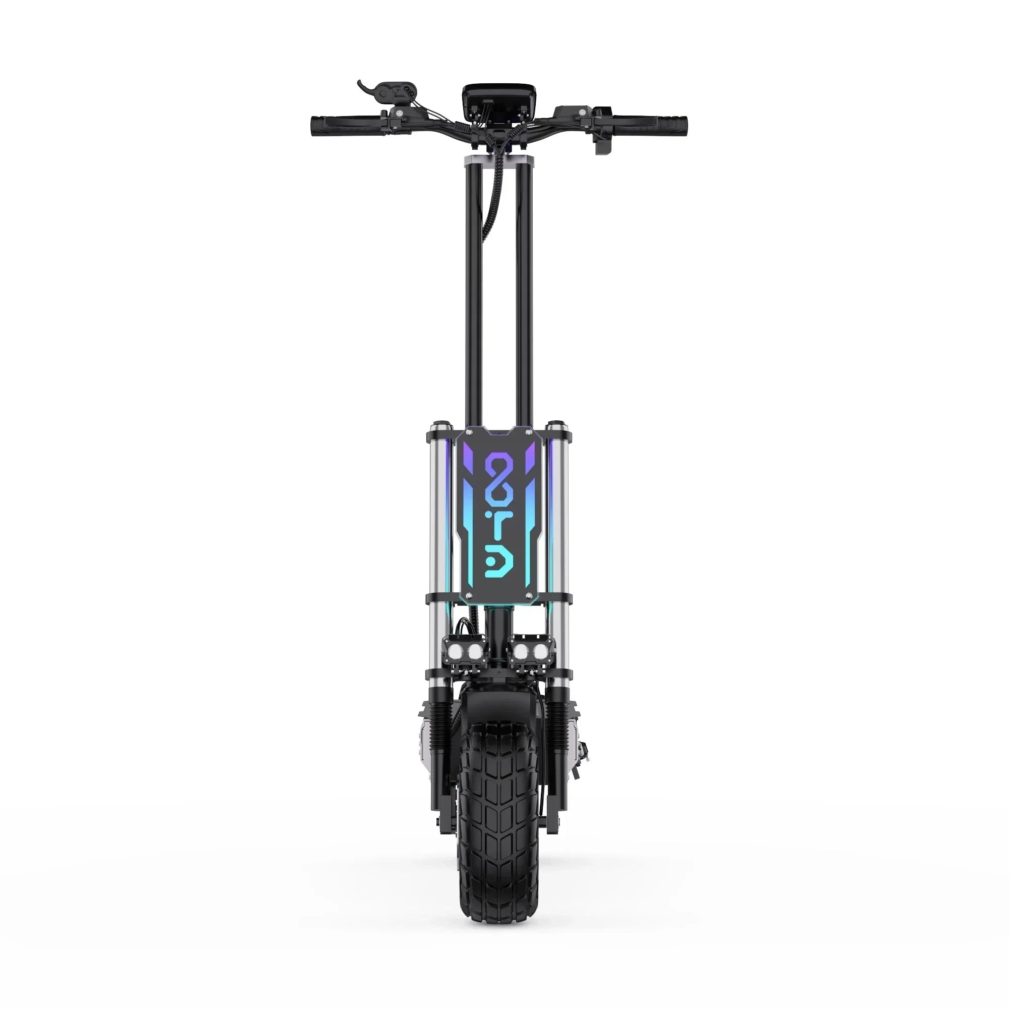 Black electric scooter with visible branding on a white background