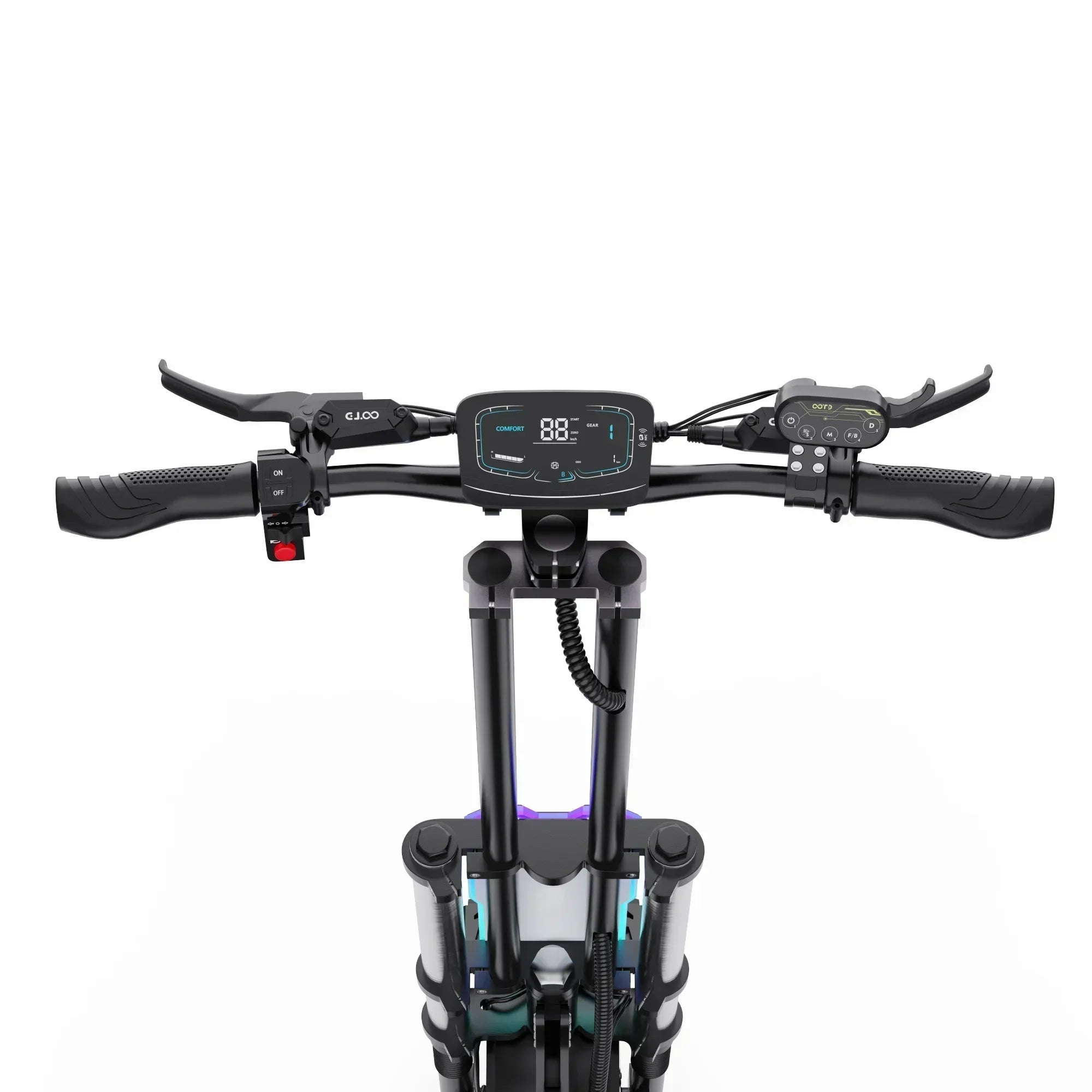 Close-up of a scooter handlebar with digital display on a white background