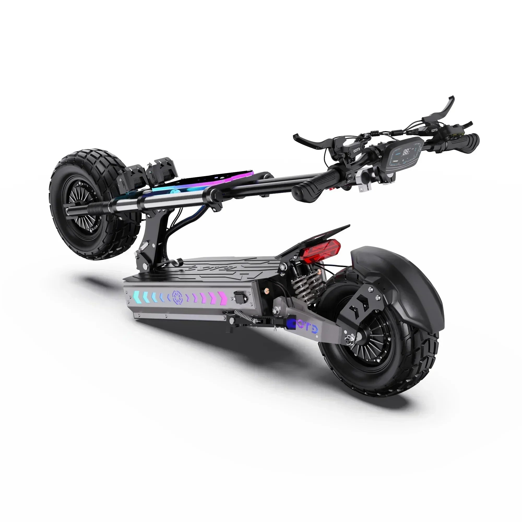 Black electric scooter with colorful lights on a white background