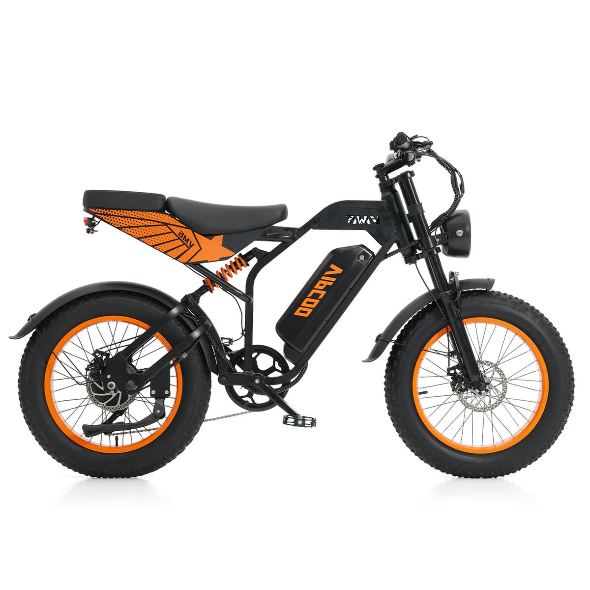 Black and orange VIPCOO VM6 Electric City Bike on a white background
