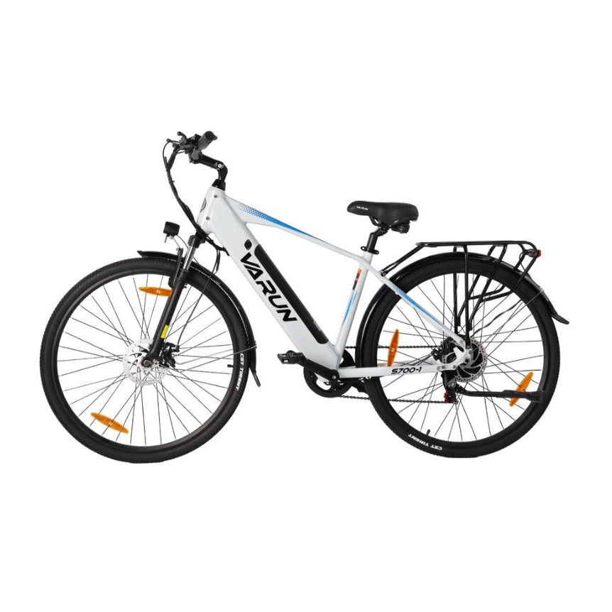 White Varun S700-1 electric bicycle with black tires and visible brand name on a white background