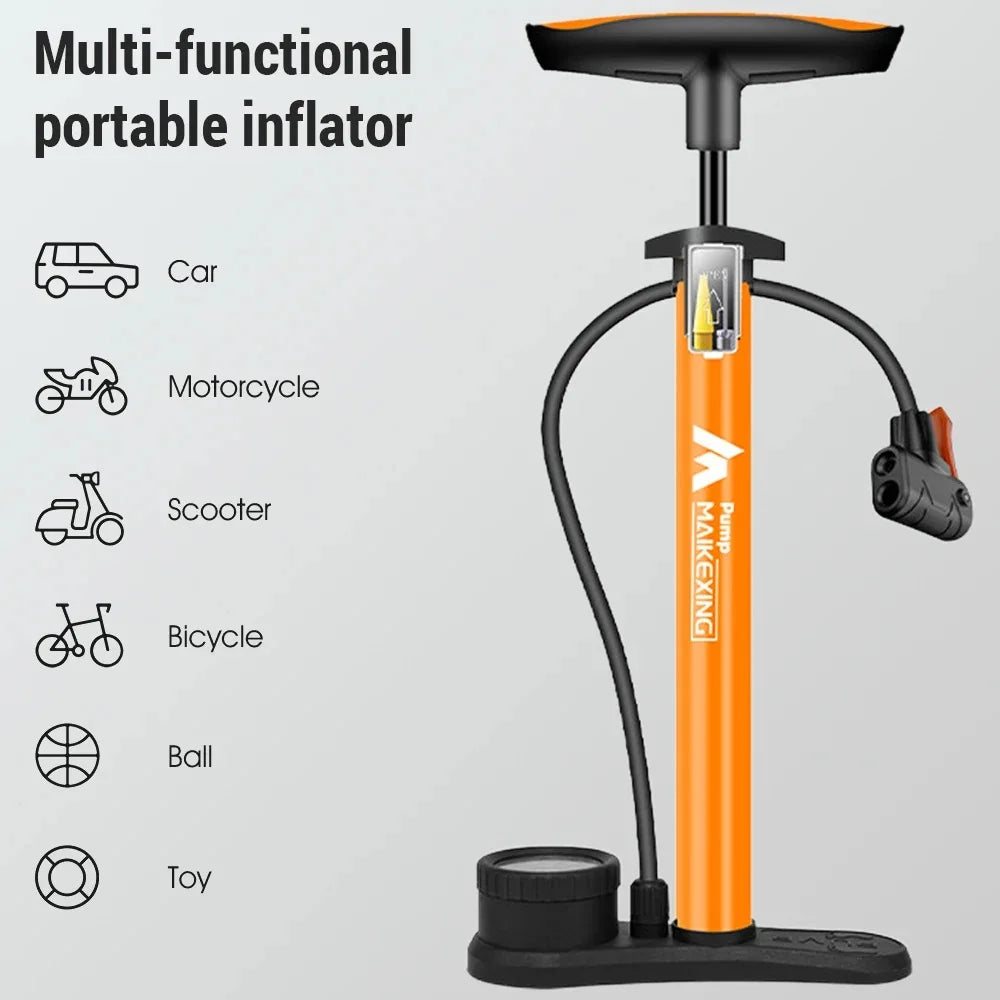 Multi-functional portable inflator with icons for various uses on a gray background