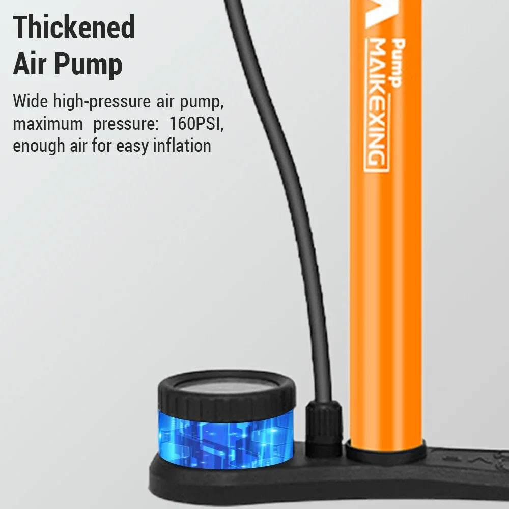 Orange air pump with blue pressure gauge on a white background