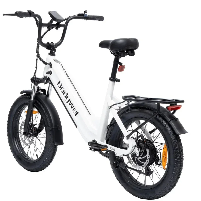 A white and black Bodywel F20 City electric bicycle with fat tires, a step-through frame, and a rear cargo rack, shown on a solid white background.